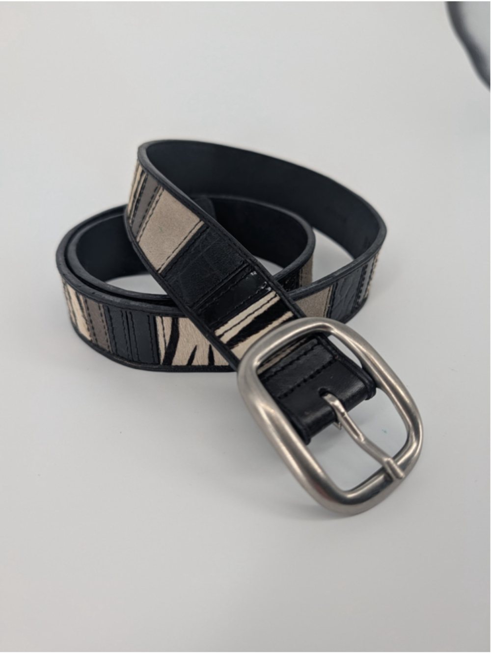 Fossil Leather Belt L Zebra Croc Suede Patchwork Black Taupe Animal Print Y2K
